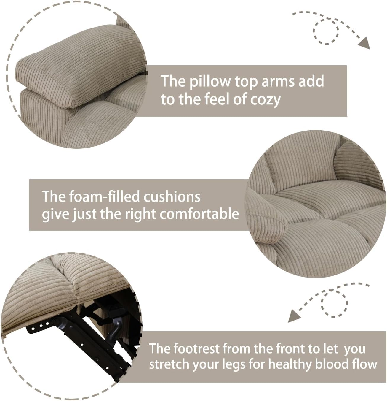 Corduroy Reclining Sofa with Cup Holders