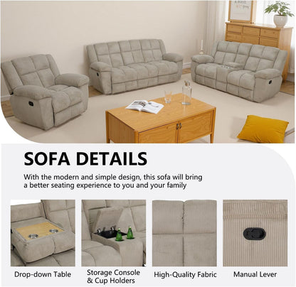 Corduroy Reclining Sofa with Cup Holders