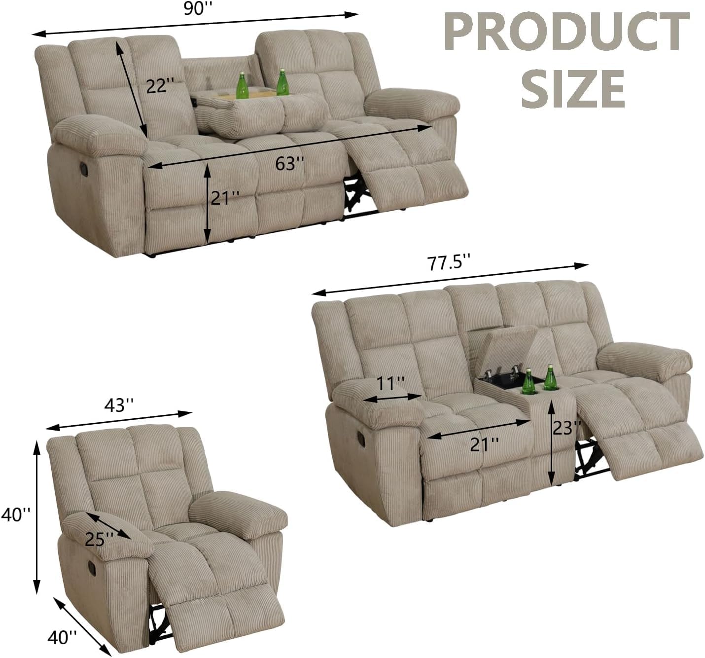 Corduroy Reclining Sofa with Cup Holders