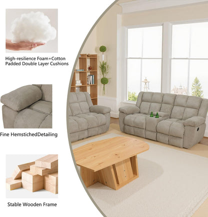Corduroy Reclining Sofa with Cup Holders
