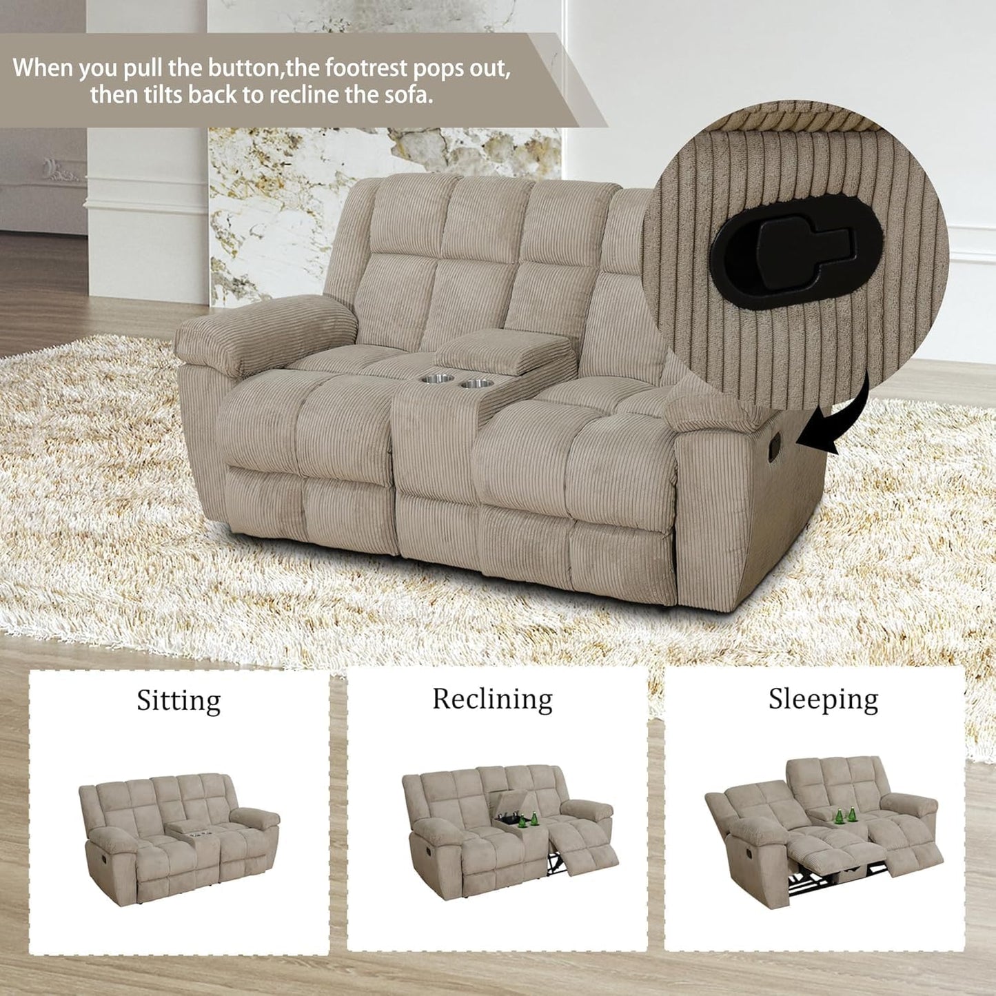 Corduroy Reclining Sofa with Cup Holders